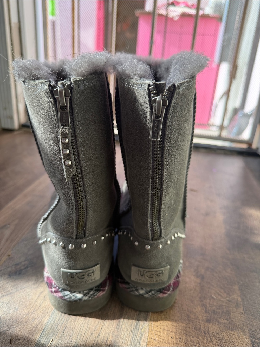 UGG Charcoal Gray Zip-Back Studded Boots with Plaid Trim size 9
